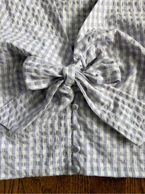 Maeve Anthropologie Cropped Gingham Bow Blouse Lavender Sz 14 Cottage Coastal thumbnail 7