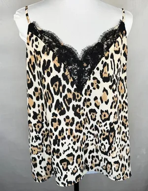 Socialite Tank Cami Sz L Beige V Neck Animal Print Lace Trim Spaghetti Straps thumbnail 1