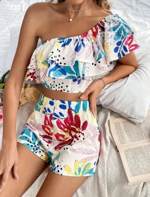 VCAY Floral Print One Shoulder Ruffle Trim Crop Top & Shorts thumbnail 1
