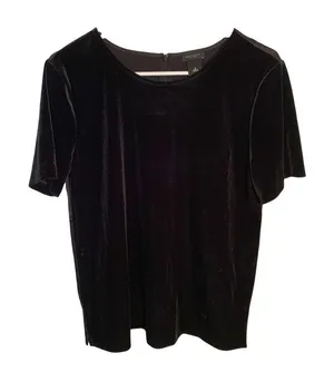 Ann Taylor Women's Size Medium Velvet Blouse Short Sleeve Black Mixed Media thumbnail 1