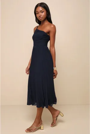 NWT Lulus Wondrous Muse Navy Blue Pleated One-Shoulder Midi Dress thumbnail 2