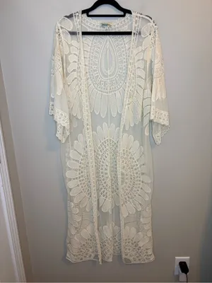 Rebellion Again Ivory Lace Duster Kimono S Embroidered Boho Maxi Cover Up thumbnail 8