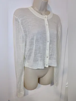 AQUA XL Ivory Linen Blend Open Knit Cardigan Lightweight Button Sweater thumbnail 3
