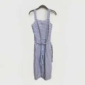 Beach Lunch Lounge Blue White Stripe Linen Blend Cropped Jumpsuit S‎ thumbnail 7