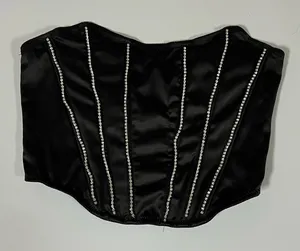 Black Satin Silk Diamond Diamonds Corset Bustier Crop Top Shirt Blouse Size M 💎 thumbnail 1