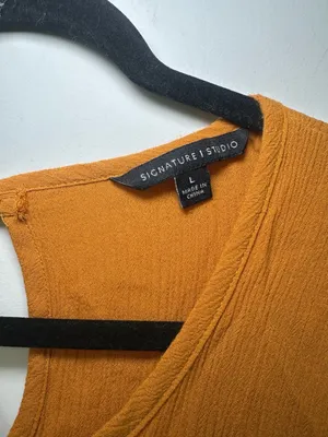 Signature Studio Tiered Blouse Size L Mustard Brown Long Sleeve Ruffle thumbnail 2