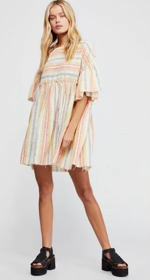 Free People Summer Nights‎ Striped Dress in Yellow Tunic Mini Size S Small Boho thumbnail 1