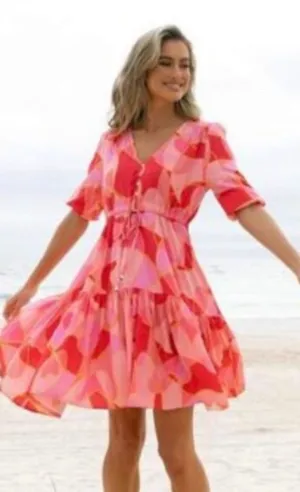 Petal & Pup Pink & Coral Abstract V-Neck Tie-Waist Mini Dress thumbnail 1