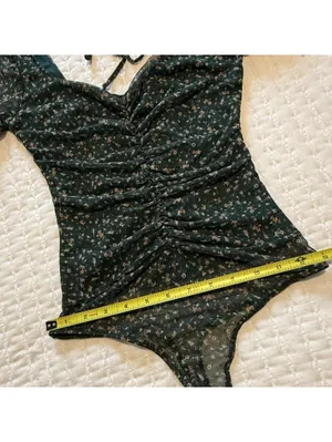 Lulus Bodysuit Long Sleeve Sz S Small Green Floral Mesh Sweetheart Neckline NWT thumbnail 4