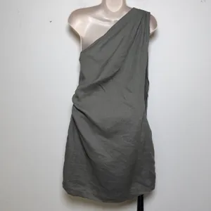 Zara Women 100% Linen‎ Mini Dress Green One Shoulder Macrame Fringe Tassel thumbnail 6