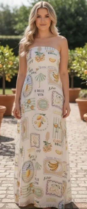 Paper Heart Destination Travel Graphic Strapless Linen Maxi Dress thumbnail 1