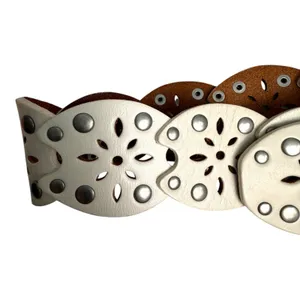 Cream Leather Silver Studs Cutout Bohemian Large Silver Buckle Belt One Size thumbnail 3