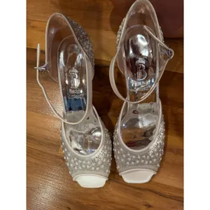 Bridal Smilee Block Heels Women 39 Ivory Pearl Rhinestone Peep Toe Strap Wedding thumbnail 5