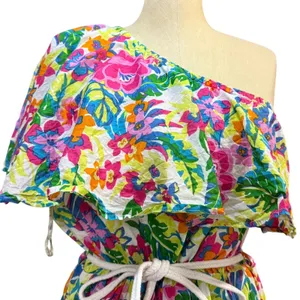 True Destinations XL One Shoulder Floral Ruffle Romper Multi Color Cotton Boho thumbnail 3