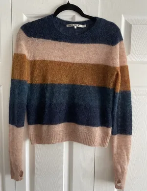 Pam Gela Revolve Striped Alpaca Wool Sweater Womens Size‎ S Navy Tan Fuzzy thumbnail 1