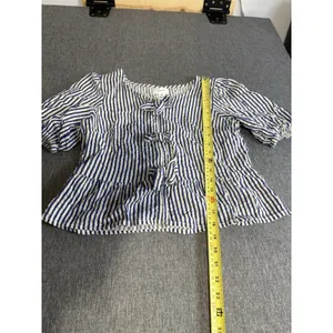 Japna Blue White Striped Tie Front Bow Puff Short Sleeve Square Neck Blouse M thumbnail 5