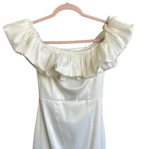 CHE BY CHELSEY White Satin Ruffled Off the Shoulder Bodycon Mini Dress‎ Size XS thumbnail 10
