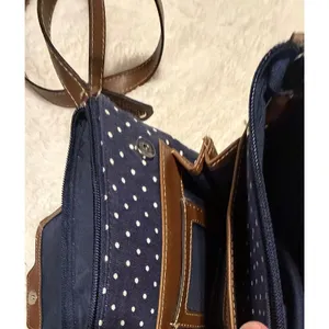 Chaps Navy Blue Polka Dot Crossbody Bag Brown Trim Canvas Small Messenger Purse thumbnail 13