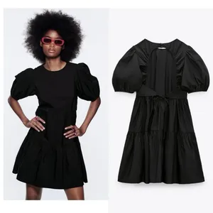 Zara Black Puff Sleeve Open Back Cocktail A Line Tiered Mini Dress Size XS thumbnail 3