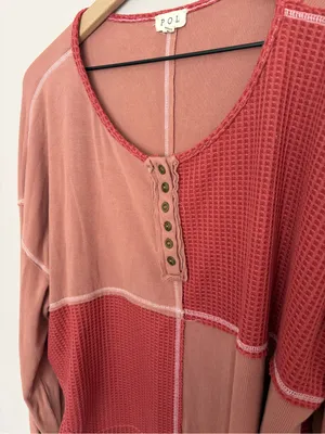 POL Patched Waffle Henley Red/Pink Large thumbnail 3
