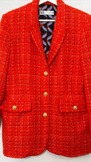 Zara Orange Bouclé Tweed Blazer Gold Button Preppy Quiet Luxury Old Money Size L thumbnail 4