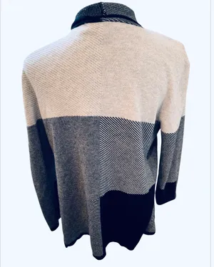 Retro Chaus Plaid Colorblock Cardigan Sweater Open Front Waterfall M Gray Black thumbnail 4