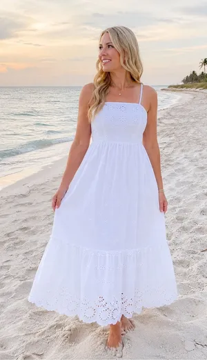Japna White Eyelet Maxi Dress with Spaghetti Straps-100% Cotton thumbnail 1