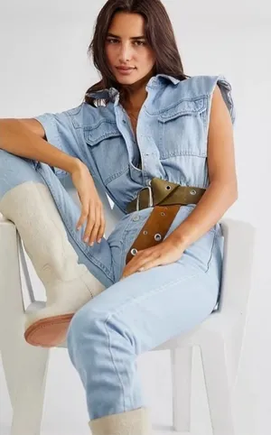 Free People we the free Marci coverall denim jumpsuit light wash small thumbnail 1