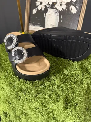 Black Slide Sandals with Crystal Buckle Accents thumbnail 2