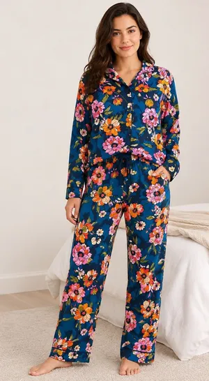 Room Service Womens Navy Floral Pajama Set Long Sleeve Button Down Small thumbnail 1