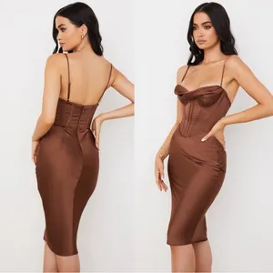 House of CB • Myrna Chocolate Satin Corset Slip Dress brown bustier boned bodice thumbnail 17