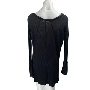 Free People Black Long Sleeve Waffle Knit Thermal Scoop Neck Sweater Top Size M thumbnail 2