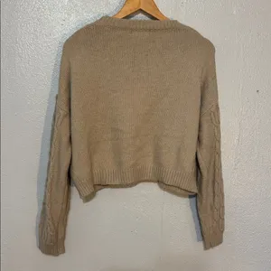 Altar'd State Beige Cropped Cable Knit Chunky Bobble Sweater Cozy Preppy Pom M thumbnail 7