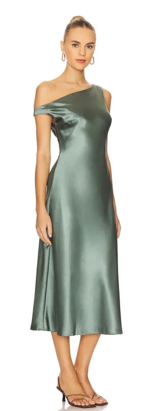 ASTR The Label Elain One Shoulder Satin‎ Midi Dress Sage Green Women's Large thumbnail 1