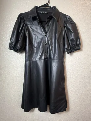 Zara Black‎ Faux-Leather Puff Sleeve Mini Dress Size M thumbnail 1