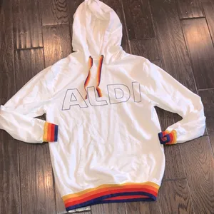 ALDI white hooded sweatshirt with multicolor detail size small thumbnail 2