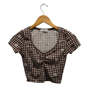Gingham Print Crop Top Brown White‎ Checkered Cutesy Cottagecore Daisy Size XS thumbnail 2