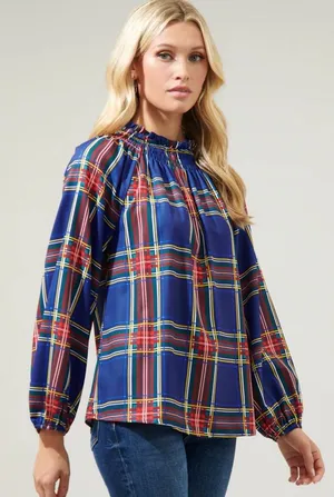 ❤️ Sugarlips Plaid Smocked Ruffle‎ Blouse Medium ❤️ thumbnail 1