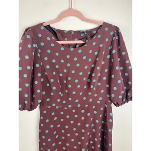 Bobeau Polka Dot Dara Midi Dress Puff Sleeve Ruffle Hem Burgundy Teal Size M thumbnail 10