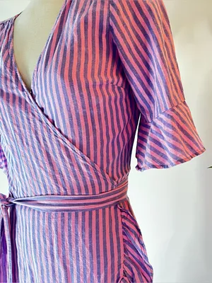 Gap Linen Purple and pink Striped Wrap Dress with Ruffle Hem thumbnail 3