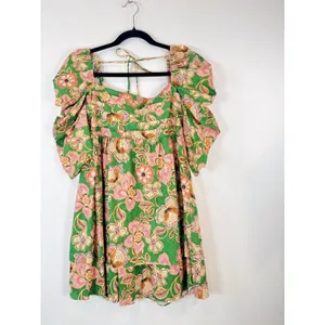 Misa Dress Green Kate Mini Ruched Puffed Floral Pintuck Tie Back A Line Boho XS thumbnail 7