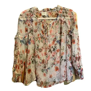 HD In Paris Anthropologie Womens Size Petite XS Multicolor Floral Sheer Silk Top thumbnail 1