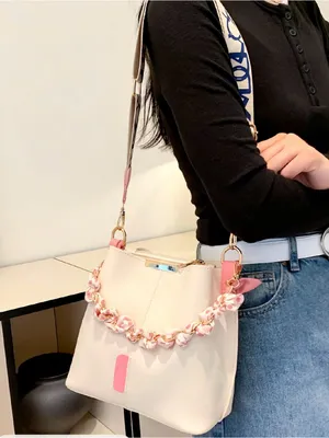 Beige and Pink Women’s Shoulder Bag with Braided Scarf Detail thumbnail 6