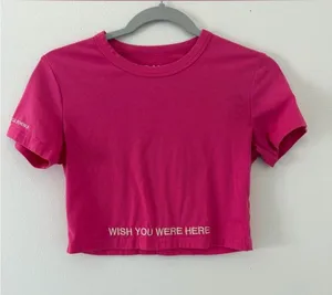 Dandy Worldwide Embroidered ‘Wish You Were Here’ Y2K babydoll cropped tee small thumbnail 1