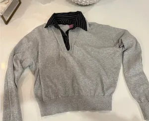 Edikted Gray V-Neck Sweater with Black Striped Collar size small thumbnail 1