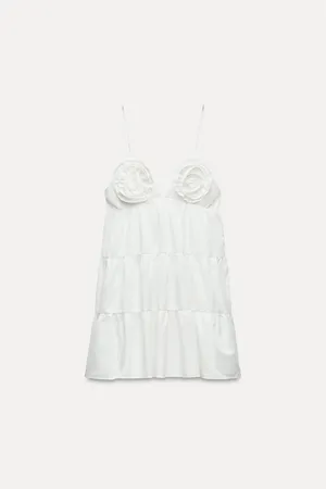 Zara dress mini Boho floral ruffle Poplin flowy cotton white summer vacation thumbnail 10