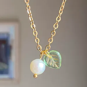 Handmade freshwater pearl & leaf fairy statement necklace🍃 thumbnail 3