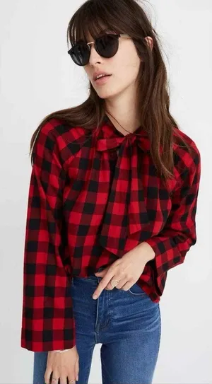 Madewell Red and Black Plaid Flannel Tie-Neck Top Size XS Women's thumbnail 1
