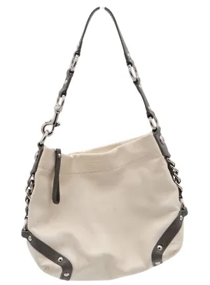 Coach Shoulder Bag Women's Hobo Cream Grey Pebbled Leather Studded Good thumbnail 1