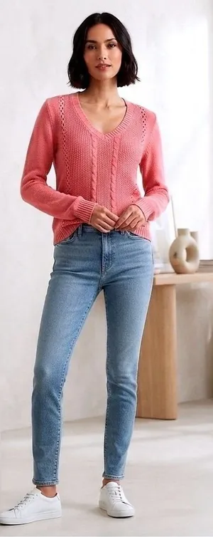 Aeropostale‎ Women's V-Neck Knit Sweater Coral Pink Cable Stitch Medium thumbnail 1